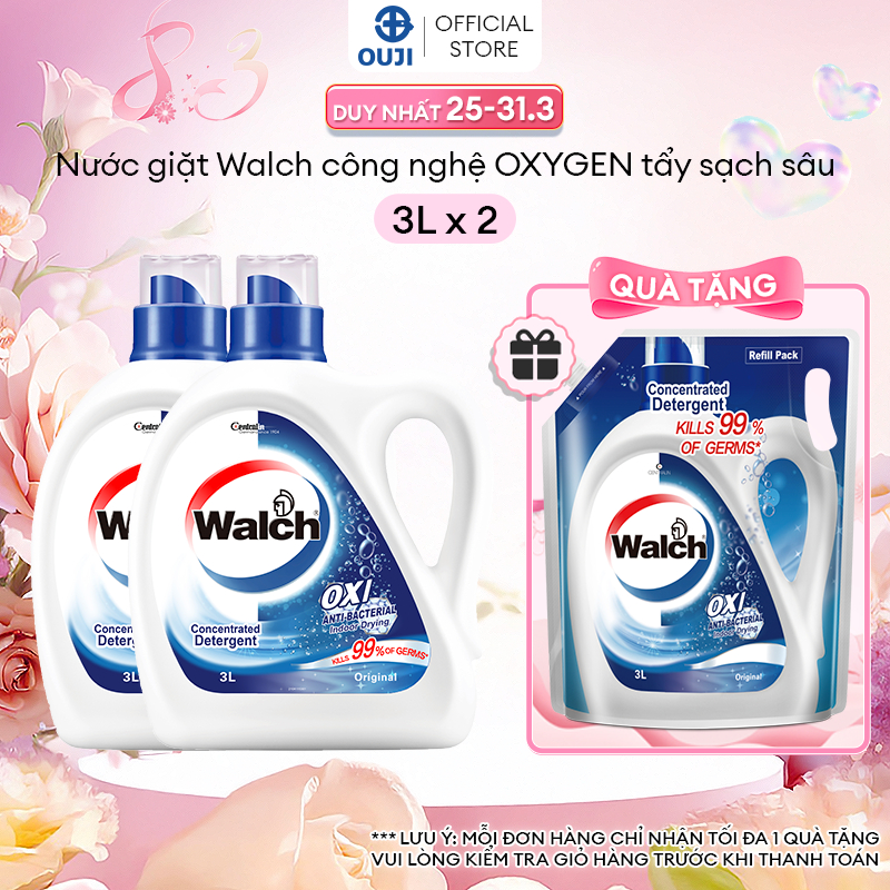 Combo 2 Tặng 1 Nước giặt Walch, (3L/Can), Khử Mùi, Kháng Khuẩn, Thơm lâu