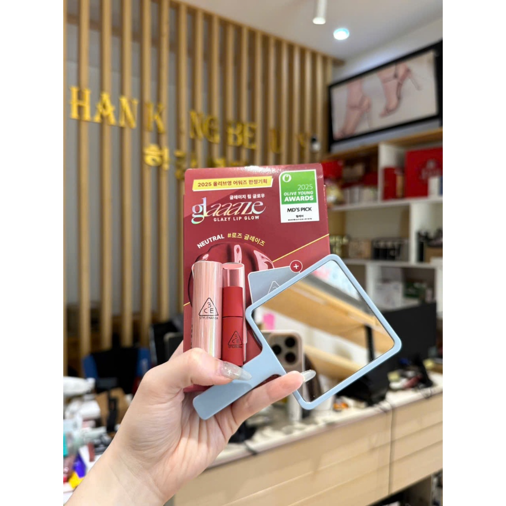 [MỚI] Set Son Dưỡng Có Màu 3CE Glazy Lip Glow 3,2g màu 34 Rose Glaze - Hồng Khô (tặng kèm son mini 0