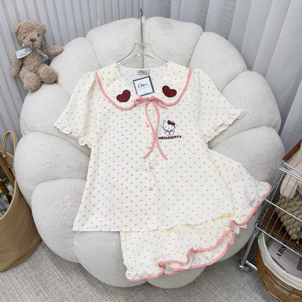Set Đồ Ngủ Mặc Nhà Nữ Hoa Trắng - Cotton Freesize Mềm Mại - Tay Cộc Quần Dài - Họa Tiết Cute