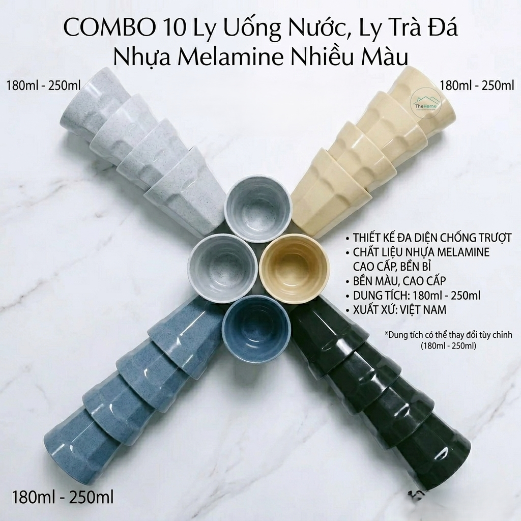 COMBO 10 Ly uống nước, ly trà đá nhựa melamine 180ml - 250ml nhiều màu