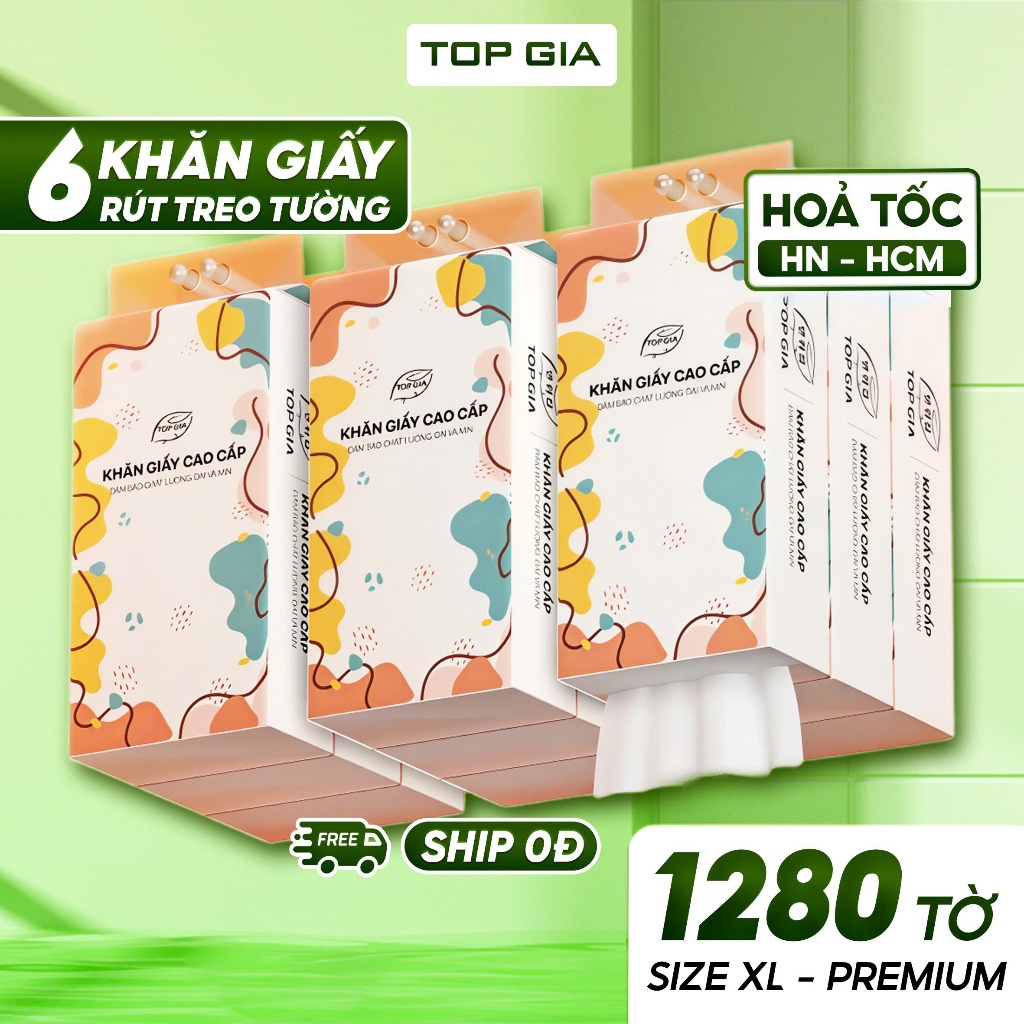 Khăn giấy rút Top Gia Thùng 6 bịch treo tường đa sắc 1280 tờ, dập vân 4D, siêu dai và mềm mịn