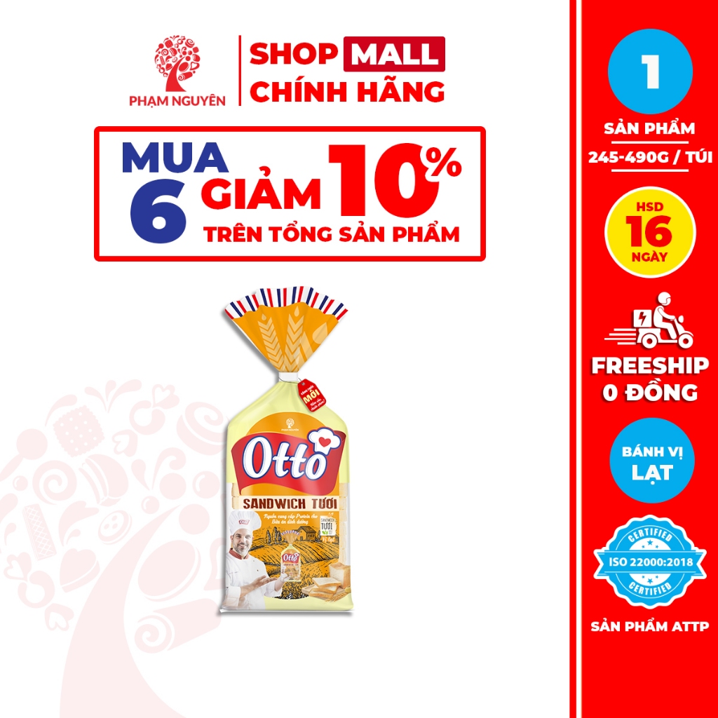 [MUA 6 GIẢM 10%] 1 Túi Bánh Sandwich lạt Otto Phạm Nguyên (490g/245g) | Bánh ăn sáng | Bánh mì vị lạt