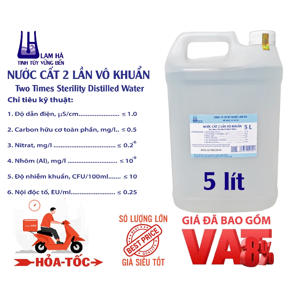 Nước cất 2 lần vô khuẩn can 5 lít