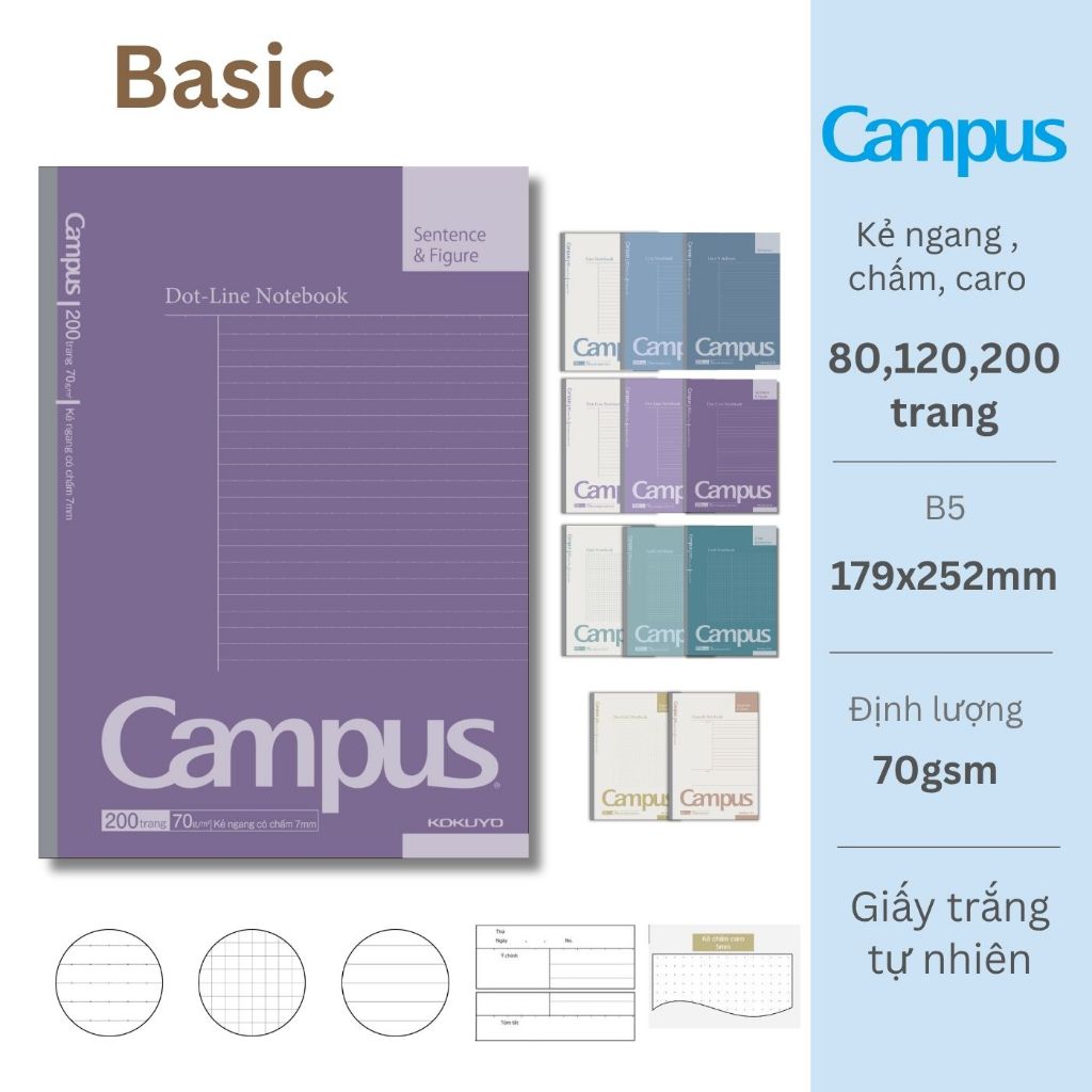 Vở Gáy Keo Basic Notebook Dòng Kẻ Tự Chọn 80/120/200tr A4/B5  Campus