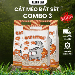Combo 3 Cát Đất Sét Vệ Sinh Cho Mèo Kleen Cat , Cát Mèo Đất Sét Than Hoạt Tính Cao Cấp Siêu Vón Túi 9L/3.8kg - CM41