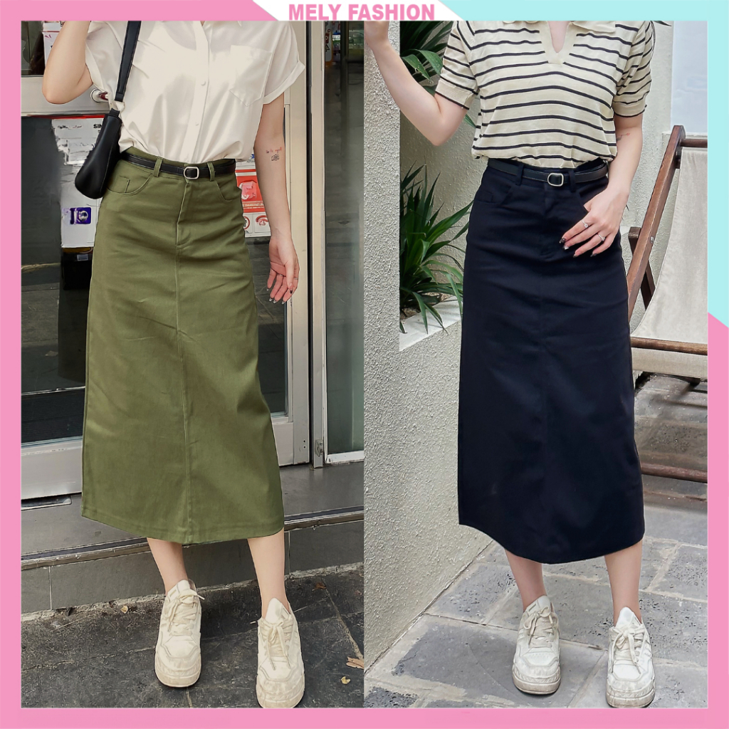 Chân váy kaki Mely Fashion dáng dài midi ulzzang vintage jean xẻ sau tôn dáng che giấu bụng đùi có túi sau CV67-01 | BigBuy360 - bigbuy360.vn