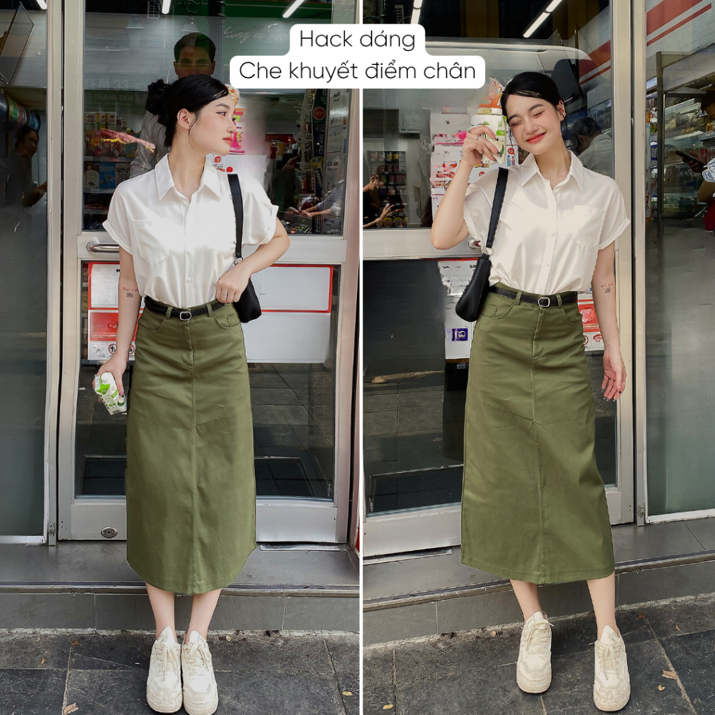 Chân váy kaki Mely Fashion dáng dài midi ulzzang vintage jean xẻ sau tôn dáng che giấu bụng đùi có túi sau CV67-01 | BigBuy360 - bigbuy360.vn