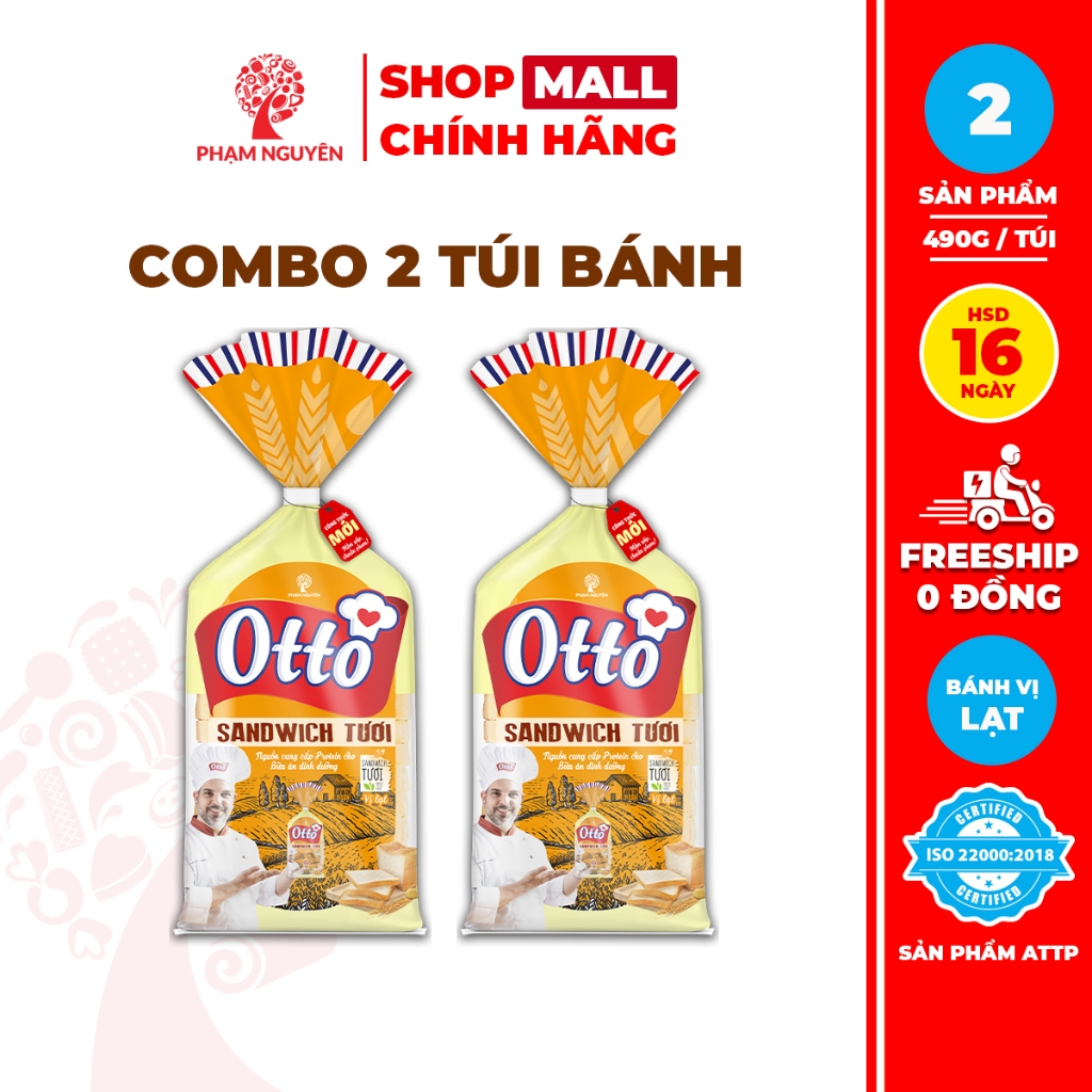 Combo 2 Túi Bánh Sandwich tươi lạt Otto Phạm Nguyên (490g/245g) | Bánh ăn sáng | Bánh mì tươi | Đồ ăn vặt