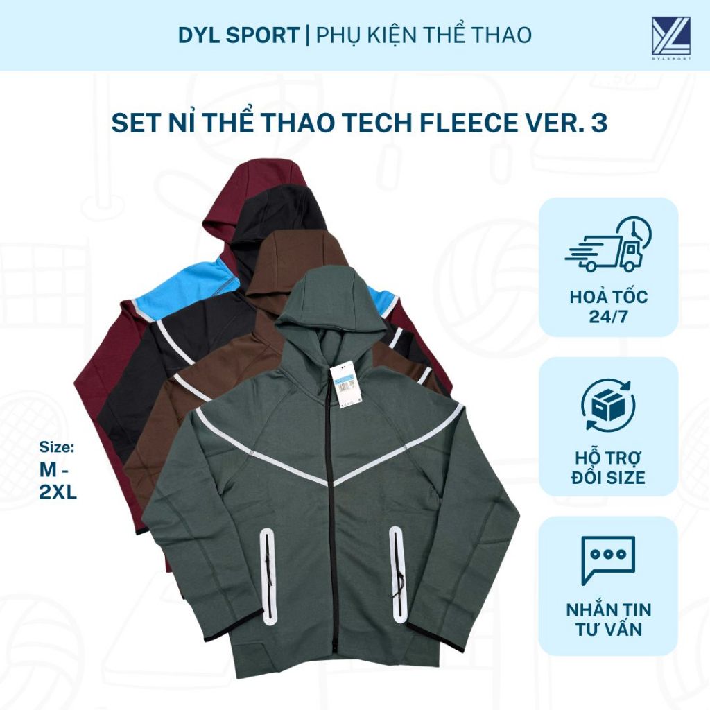 Set áo nỉ thể thao unisex Tech Fleece Ver. 3 kẻ phản quang, chất liệu cao cấp ấm áp