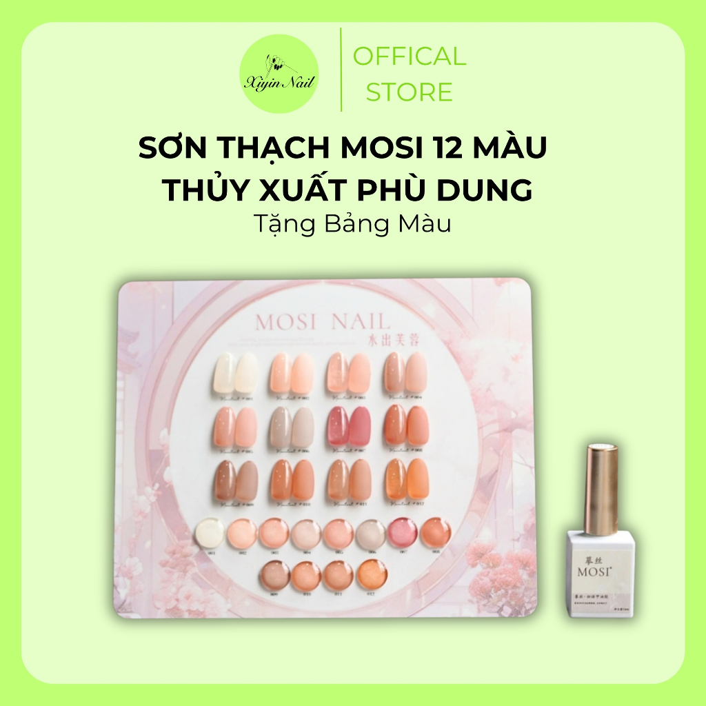 Sơn Thạch Mosi 12 Màu Thủy Xuất Phù Dung – Gel Nail Trong, Lấp Lánh, Tặng Bảng Màu