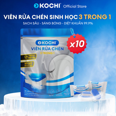 10 túi Viên rửa chén bát sinh học KOCHI 3-in-1 - 350 Viên nén 8g - Diệt khuẩn 99.9% - Sạch sâu sáng bóng - Máy rửa chén