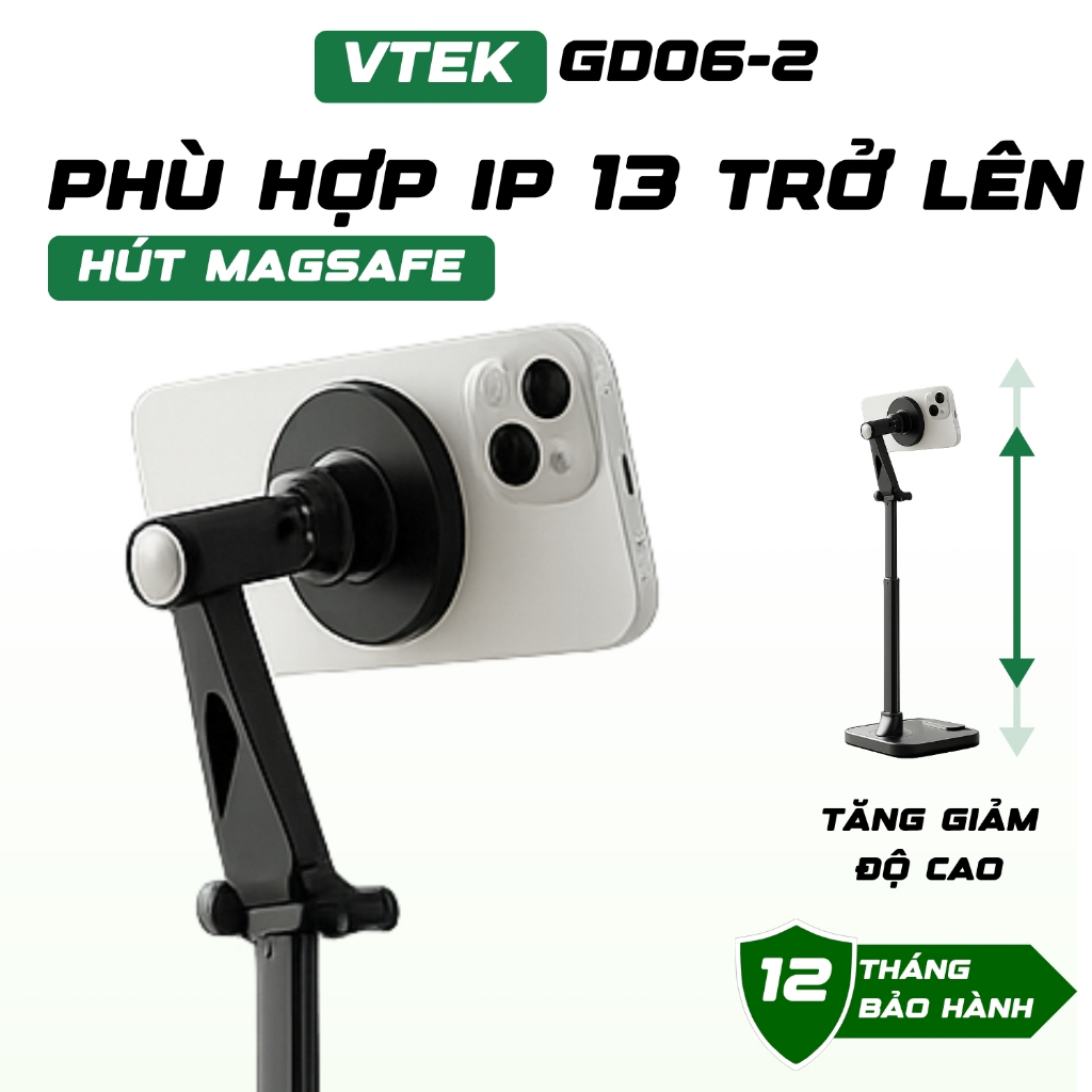 Giá Đỡ Điện Thoại Magsafe VTEK GD06-2 – Kẹp Nam Châm Magsafe, Khớp Xoay Đa Góc - Tặng Kèm Magsafe Hỗ