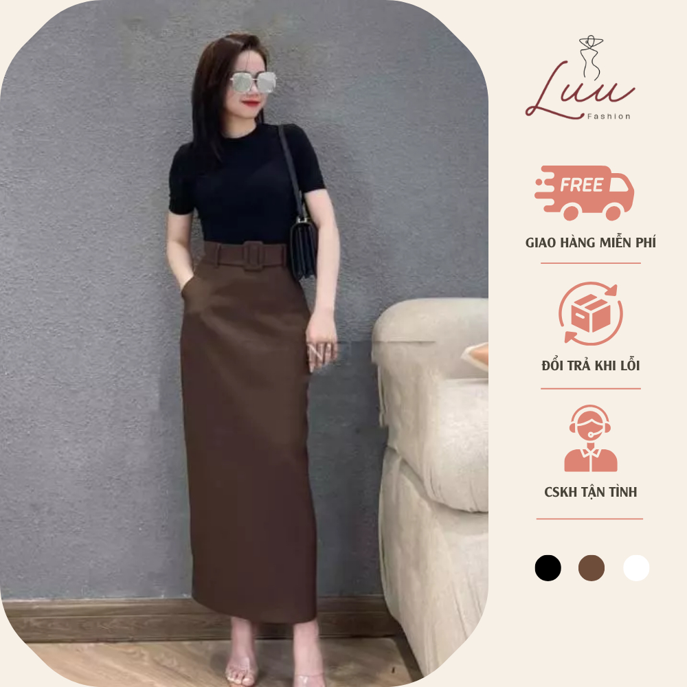 Chân váy suông dài 88cm kèm dây đai sang trọng chất vitex - Luu fashion