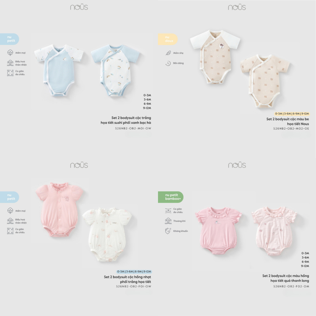 Set 2 Bodysuit Cộc Tay Nous Premium, Body Chip Cộc Cho Bé Xinh Xắn Mát Mẻ
