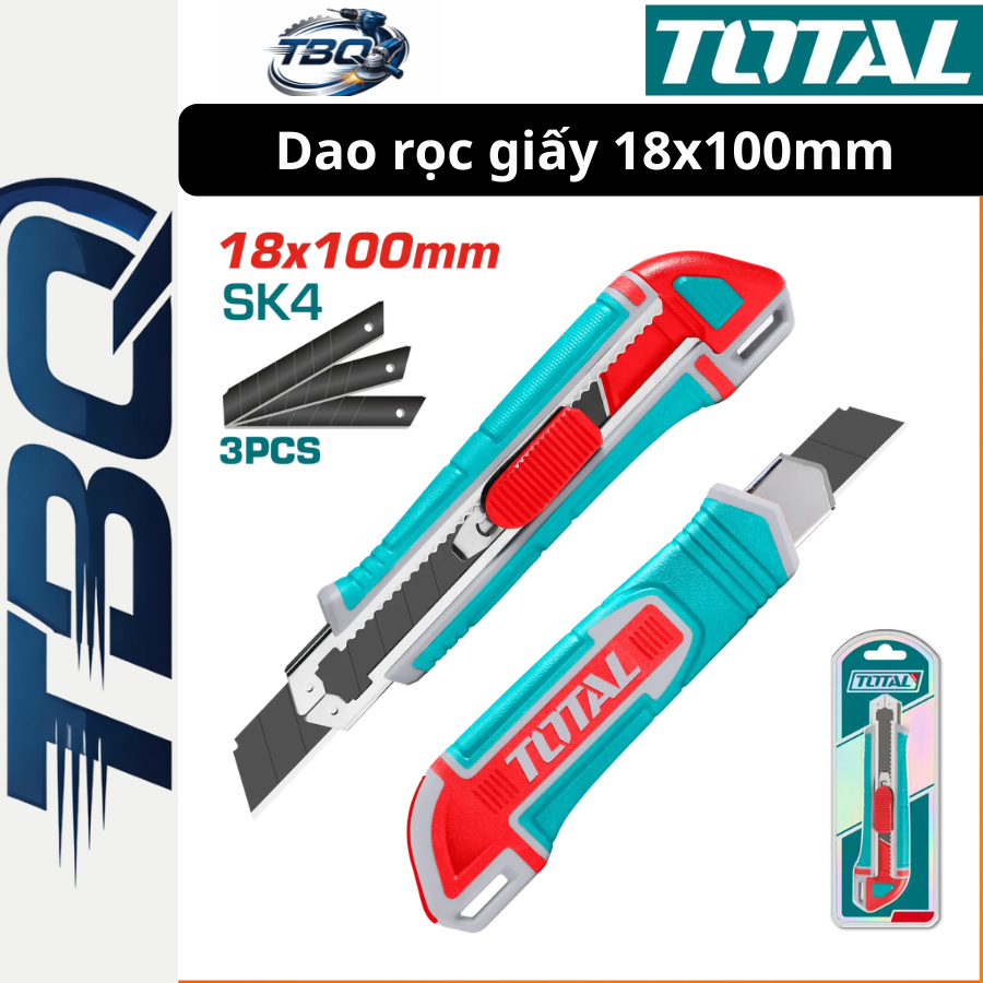Dao Rọc Giấy 18x100mm TOTAL THT522136 - Kèm 3 Lưỡi SK5 Siêu Bén, Nút Ấn Dẹp Hiện Đại
