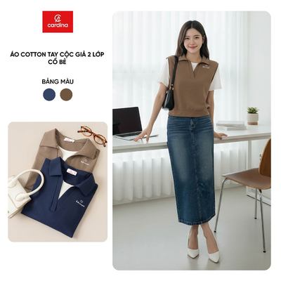Áo thun nữ CARDINA chất cotton tay cộc giả 2 lớp cổ bẻ trẻ trung 6APC05