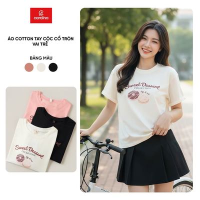 Áo thun nữ CARDINA Cotton tay cộc cổ tròn vai trễ họa tiết trẻ trung 6ATC18