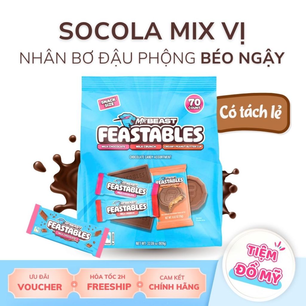 Socola Feastables MrBeast Feastables 909g – Gói 70 Viên Socola Mỹ | Milk Chocolate, Crunch, Peanut