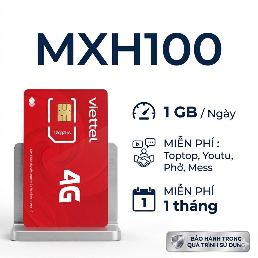 Sim Viettel Tỷ GB – MXH100 – Dung lượng 1GB/ngày, free data Face, Tóp, You, gia hạn 100k/tháng