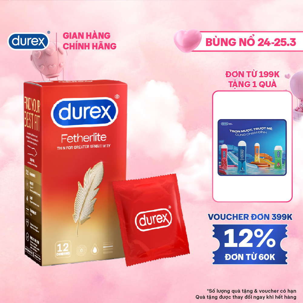 Bao cao su Durex Fetherlite siêu mỏng, size 52.5mm, 12 bao/hộp