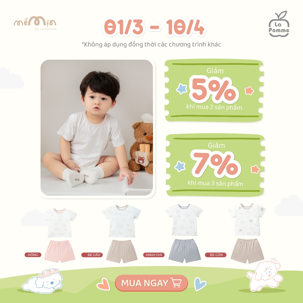 Bộ cộc tay Mềm Mịn by La Pomme người bạn mềm mịn - Sợi Petit Soyeu thoáng mát – Bé trai/gái 6M - 3Y