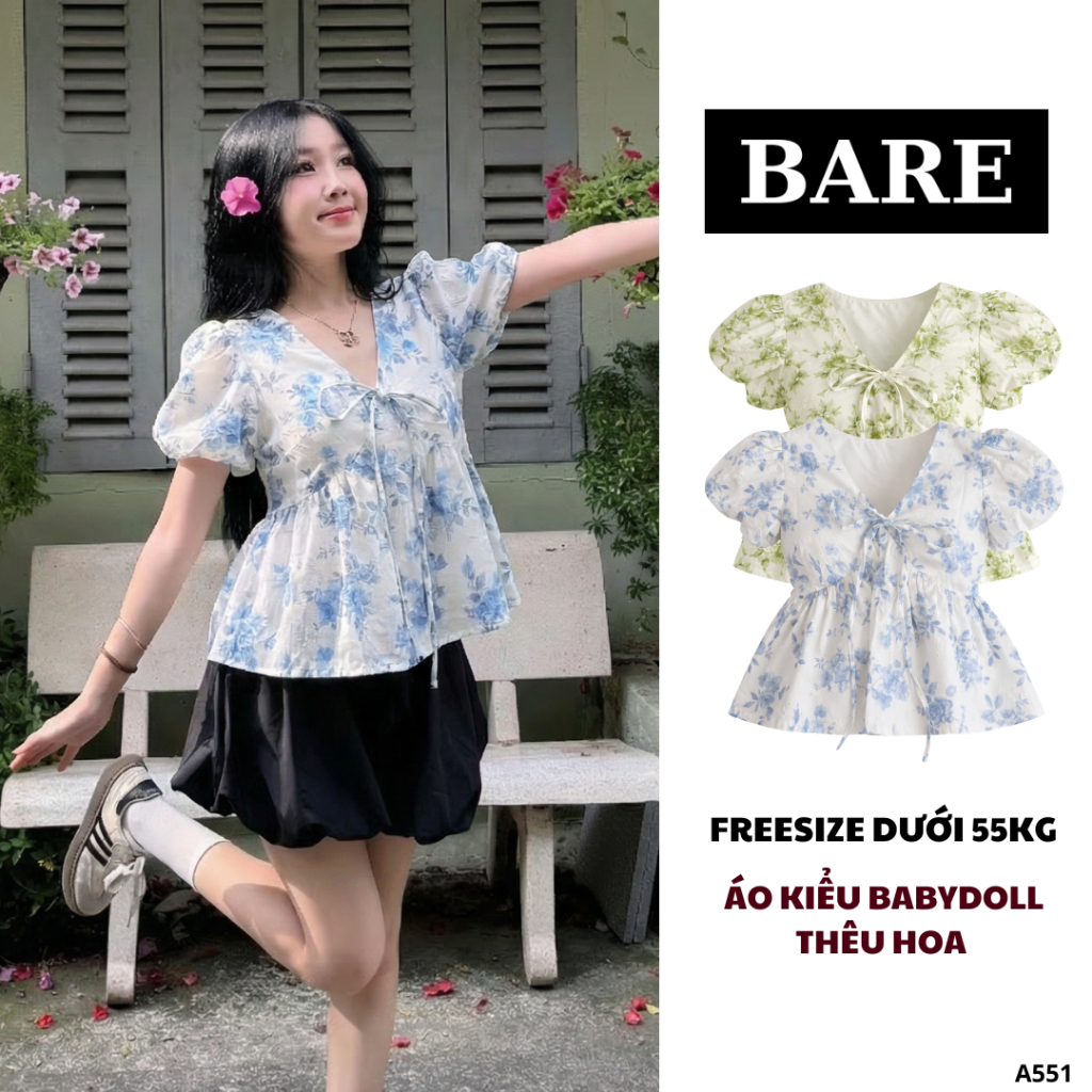 BARE_Áo Kiểu Babydoll Kem Thêu Hoa - May 2 Lớp - Lila Top Áo Babydoll Tay Phồng Cột Nơ Thêu_A551