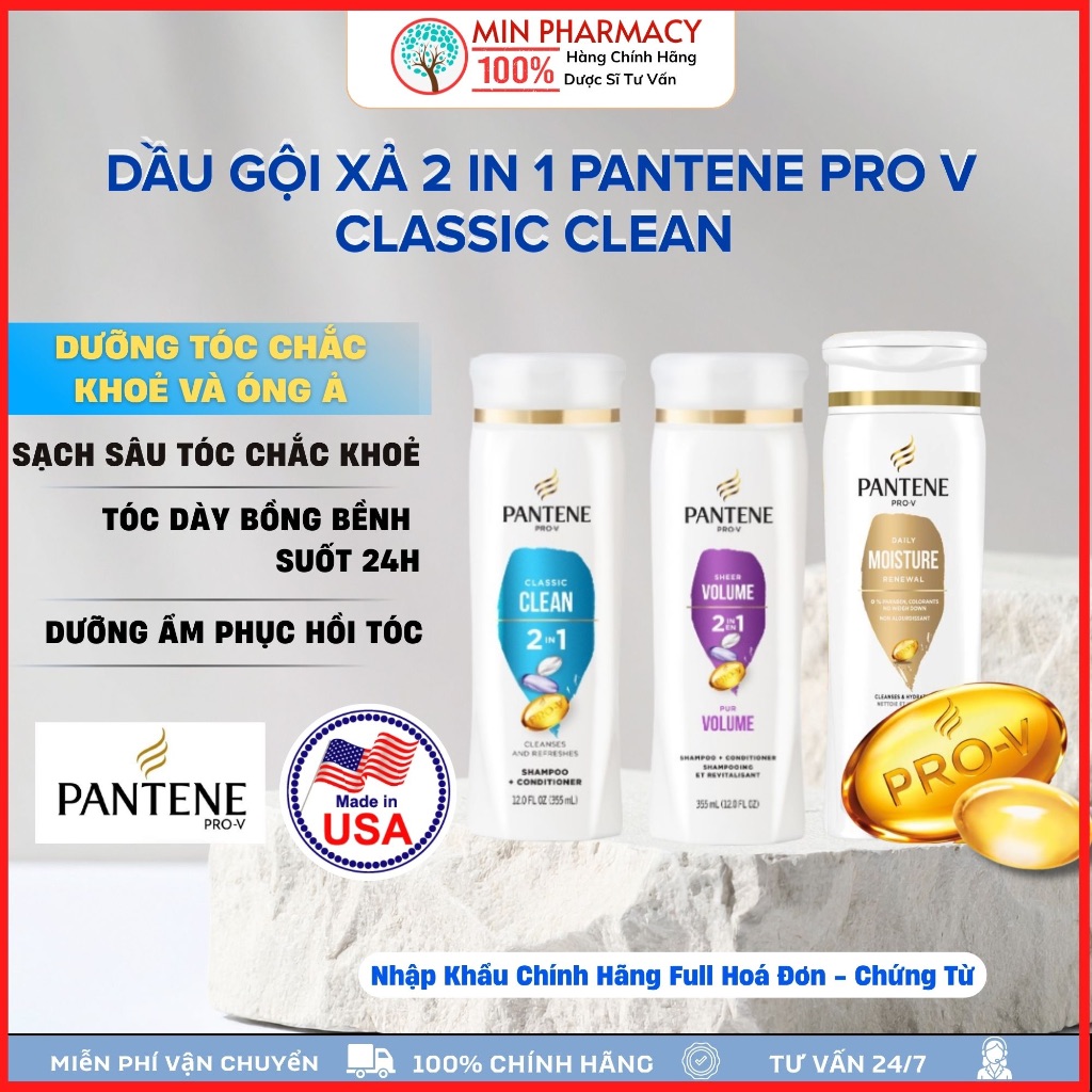 [HÀNG MỸ] Dầu Gội Xả 2in1 Pantene Classic Clean 355ml - Pro-Vitamin B5, Tóc Chắc Khỏe Óng Ả - Minpha