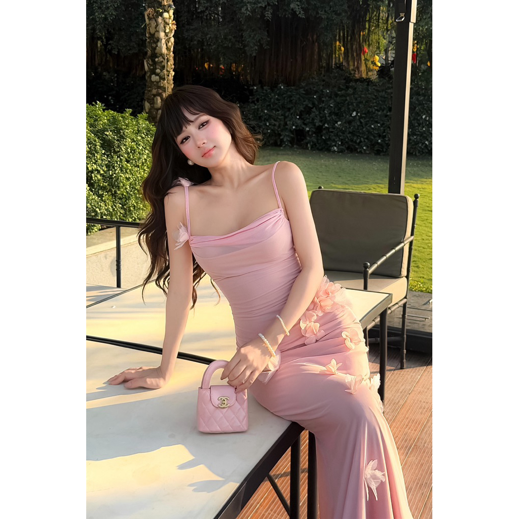 July Dress - Đầm 2 Dây Vải Lưới Đính Hoa Dài