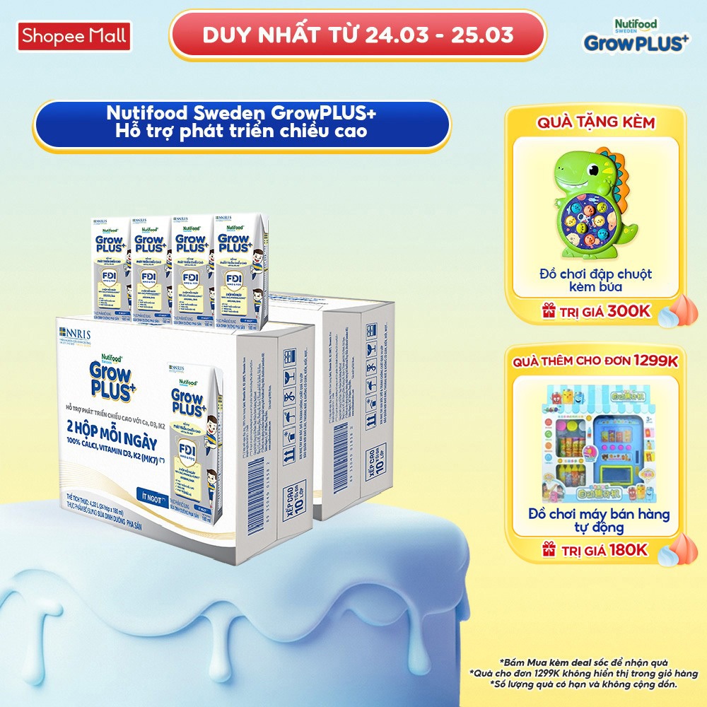 Combo 2 Thùng 24 Hộp Sữa Bột Pha Sẵn Nutifood Sweden GrowPLUS+ Cao lớn vượt trội hộp 180 ml