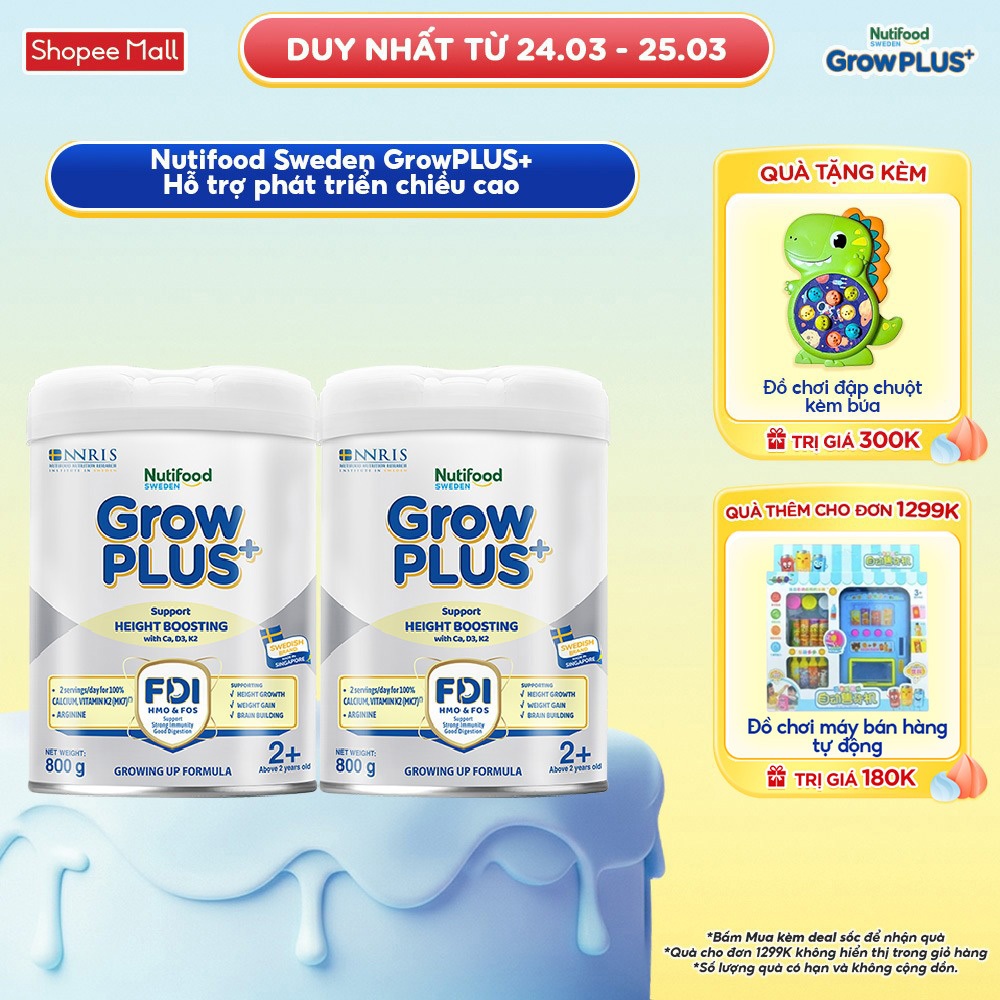 Combo 2 Sữa Bột Nutifood Sweden GrowPLUS+ Cao lớn vượt trội trên 2 tuổi (Bạc) 800g