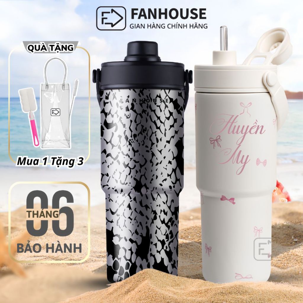 Ly giữ nhiệt Simply Inox 316 Phủ Sứ 735ml ống hút thủy tinh, cốc giữ nhiệt Fan House khắc tên