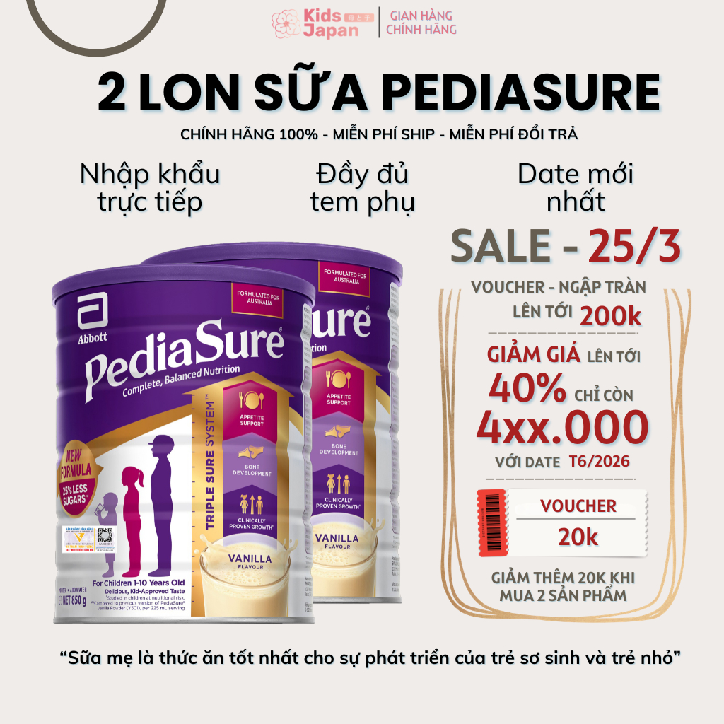 Sữa PediaSure Úc cho bé biếng ăn, sữa giúp trẻ tăng cân & cao lớn, hàng chính hãng, date T6/2026