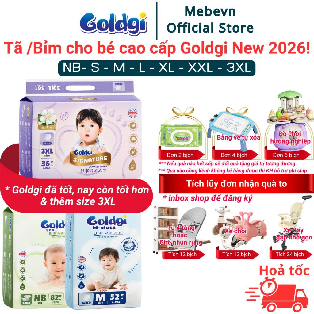 Bỉm Goldgi nâng cấp NEW, bỉm goldgi cho bé cao cấp siêu thấm hút, khô thoáng đủ size dán/quần
