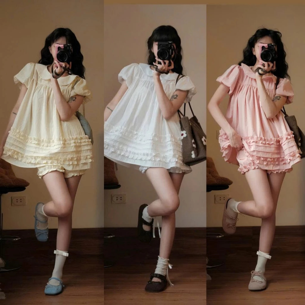 (Sẵn, Hàng L1) Sét Áo Váy Babydoll Cổ Sen 2 Lớp Form Rộng Gấu Viền Bèo Kèm Quần Bí Phồng Bo Chun Bun222 | BigBuy360 - bigbuy360.vn