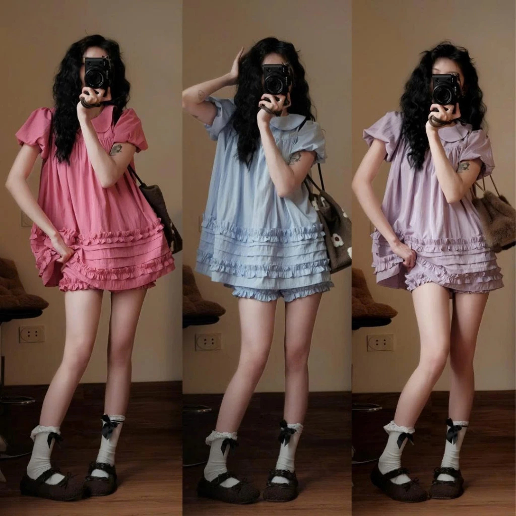 (Sẵn, Hàng L1) Sét Áo Váy Babydoll Cổ Sen 2 Lớp Form Rộng Gấu Viền Bèo Kèm Quần Bí Phồng Bo Chun Bun222 | BigBuy360 - bigbuy360.vn