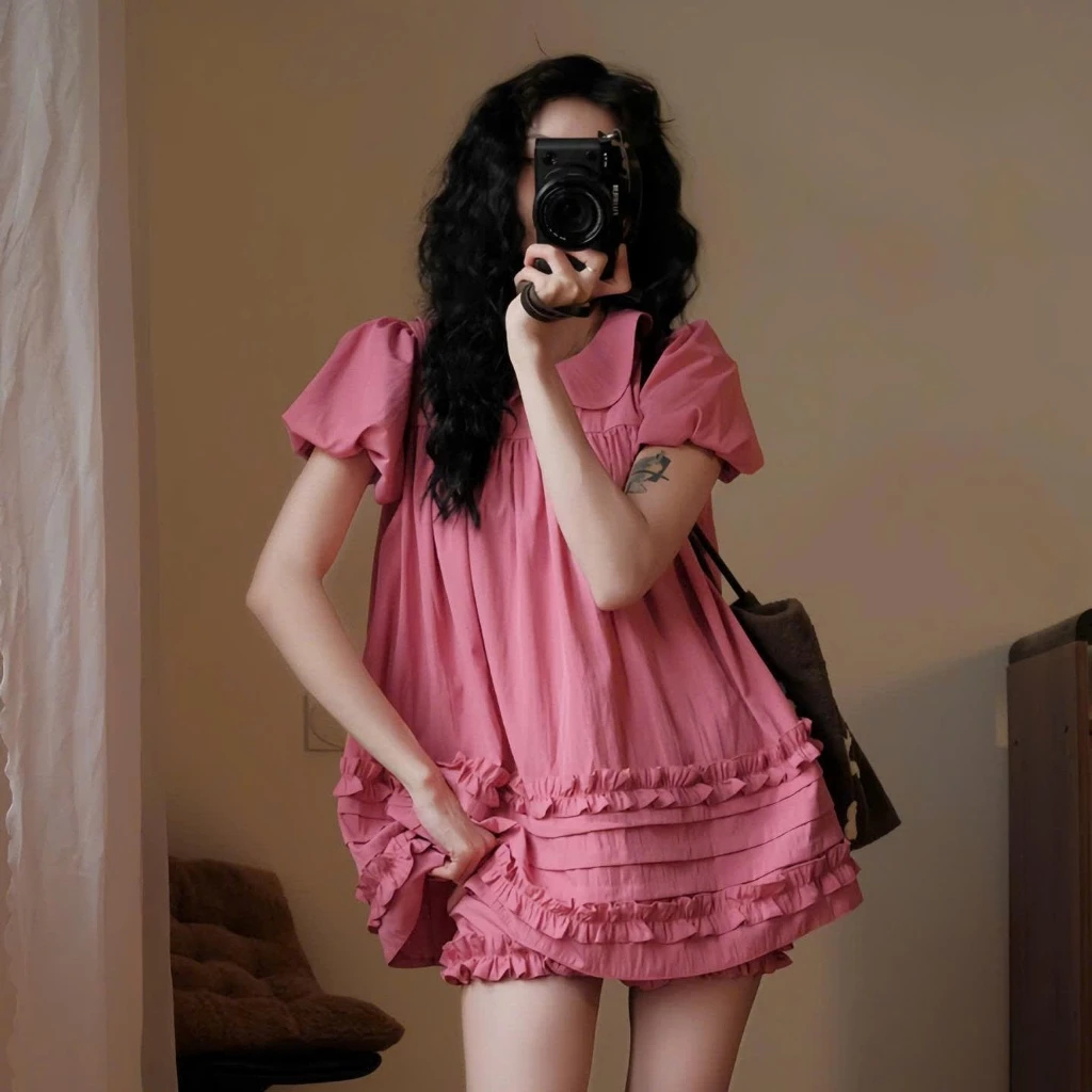 (Sẵn, Hàng L1) Sét Áo Váy Babydoll Cổ Sen 2 Lớp Form Rộng Gấu Viền Bèo Kèm Quần Bí Phồng Bo Chun Bun222 | BigBuy360 - bigbuy360.vn