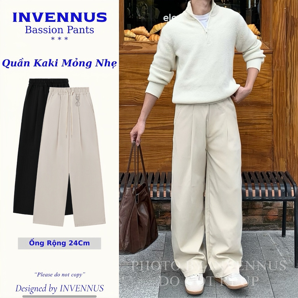 Quần dài ống rộng Bassion INVENNUS, quần vải xếp ly chất liệu kaki gió mềm mại thoải mái khi mặc - 3