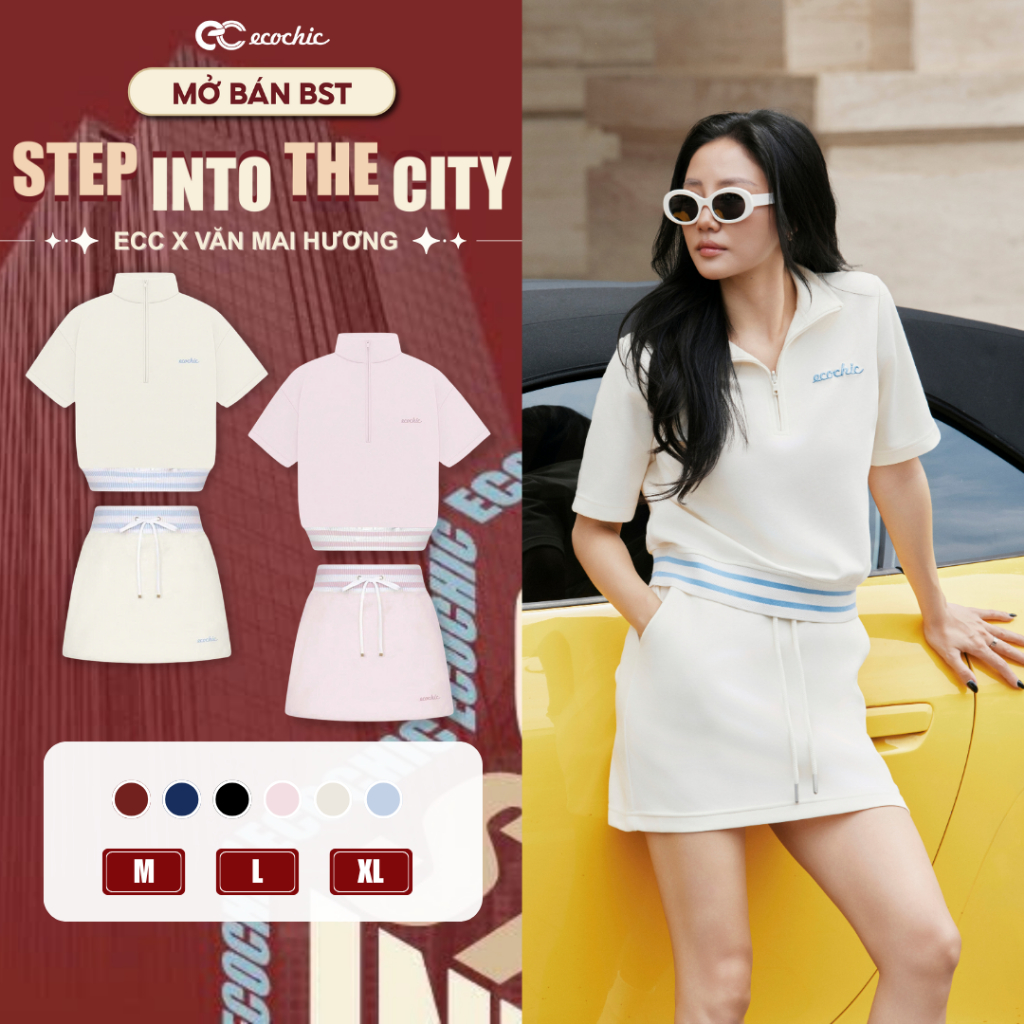 Set Chân Váy Ngắn Ecochic Khoá Áo Halfzip Cạp Váy Bo Dệt Logo Thêu Chất Liệu Cao Cấp Chính Hãng B219