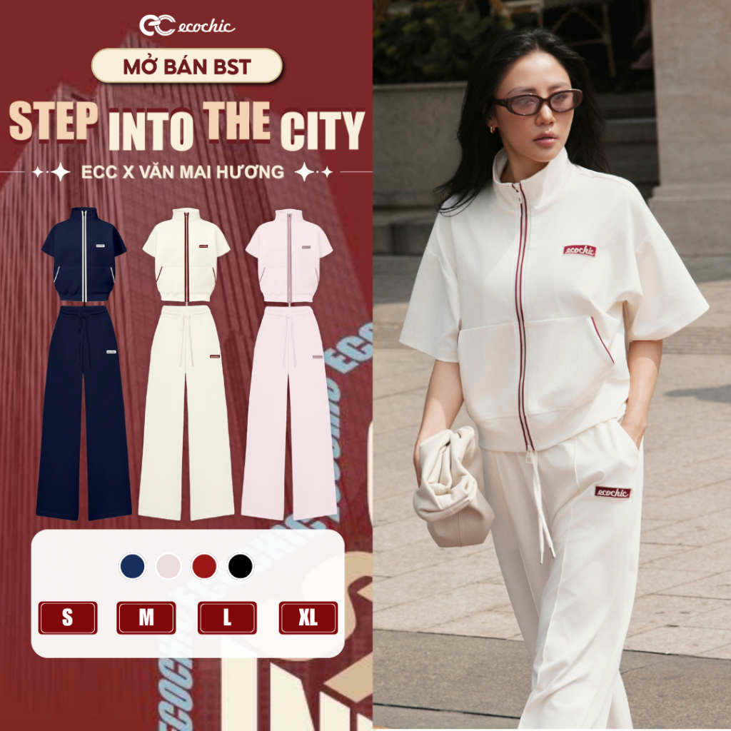 Set Bộ Khoá 2 Chiều Ecochic Áo Ngắn Tay Phối Line Logo Thêu Quần Ống Suông Cao Cấp Chính Hãng B230