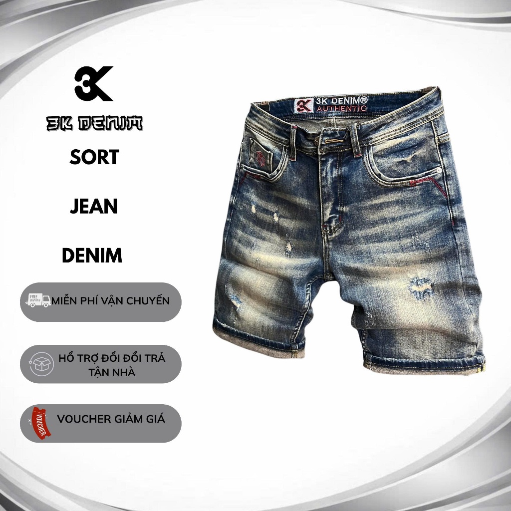 [3K DENIM Jean Denim Guangzhou-3K1945]Quần Short Jean Nam Màu Xanh Was Dập Túi Thêu Chữ QS2139