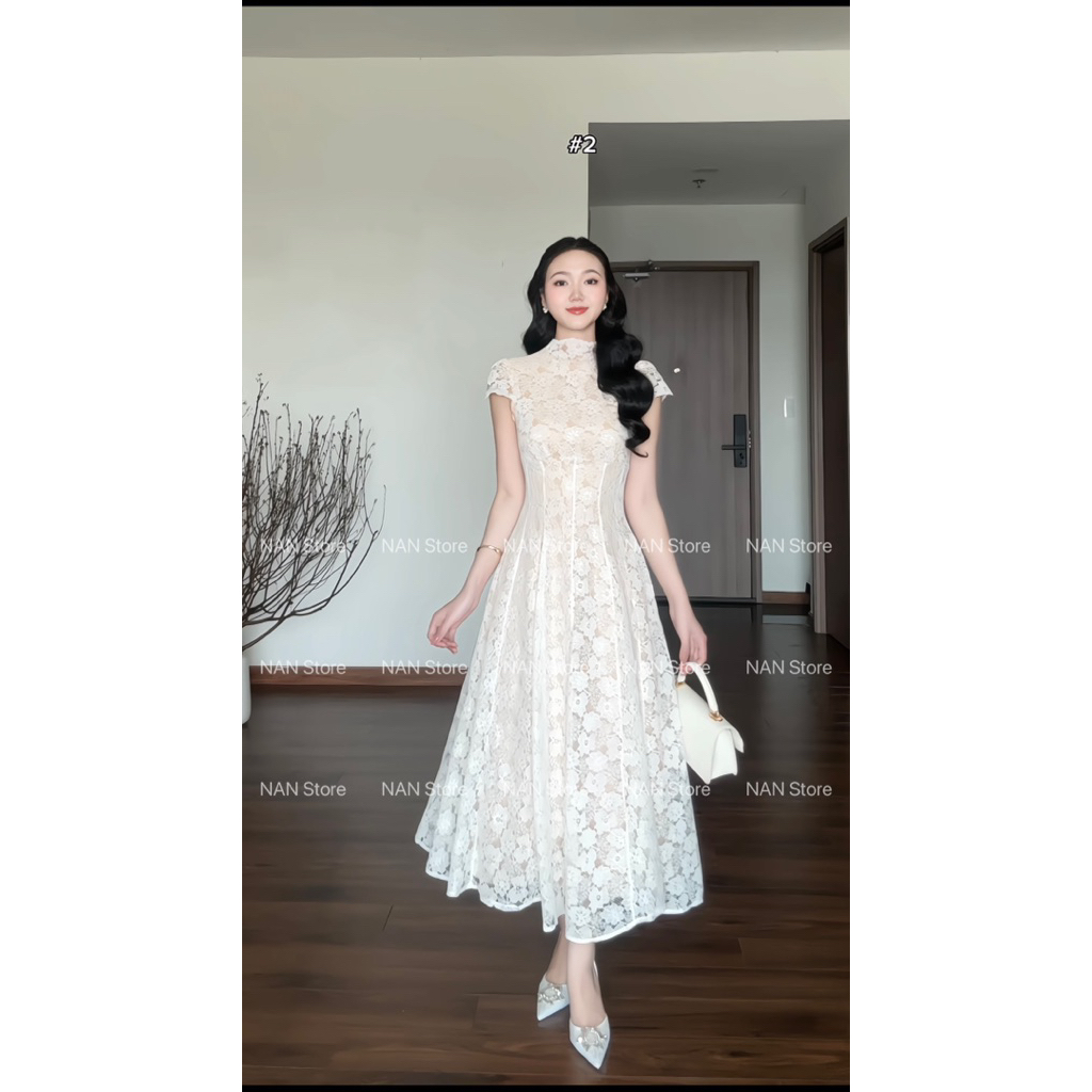 NAN Store - Váy ren hoa thiết kế cổ trụ tay hến lót nude dáng dài xoè