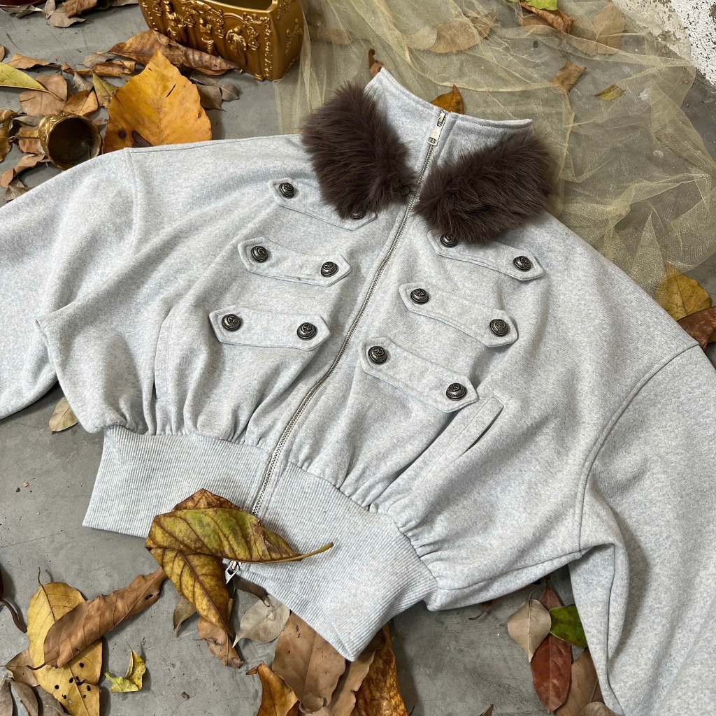 Áo khoác nỉ basic REGODS COURT JACKET form cropped tay phồng 420GSM - màu xám tiêu chất nỉ chân cua cao cấp dày dặn | BigBuy360 - bigbuy360.vn