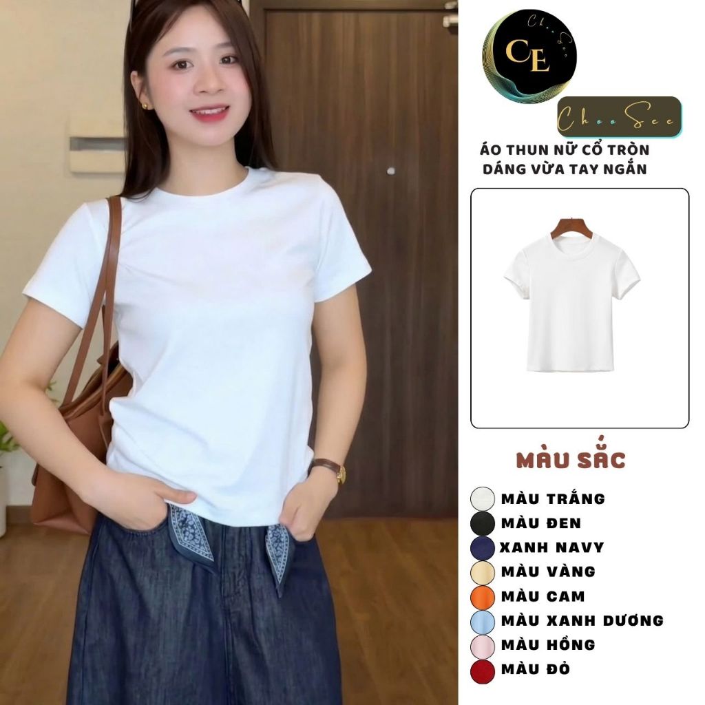 Áo phông nữ cổ tròn tay ngắn kiểu trơn dáng ôm body chất thun cotton co giãn tốt màu đen trắng thời 