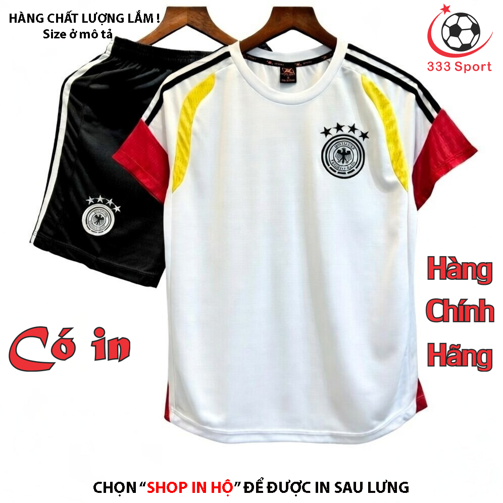 [in sau lưng theo yêu cầu] Quần Áo Bóng Đá logo thêu Đức trắng 2026 vải mè hàn cao cấp
