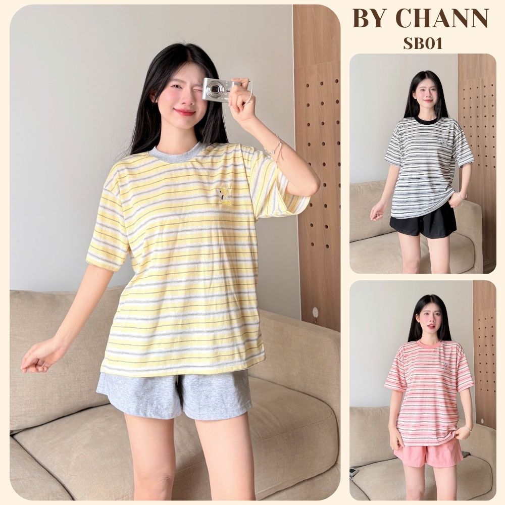 Set Bộ Thun BY CHANN (SB01) chất liệu thun giấy áo thun kẻ sọc quần đùi cho nữ freesize
