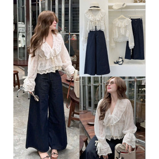 Set Bộ Áo Babydoll Tơ Voan Viền Bèo Chất Tơ Phối Ren Tay Loe Dài Mix Quần Jean Dài Form Rộng