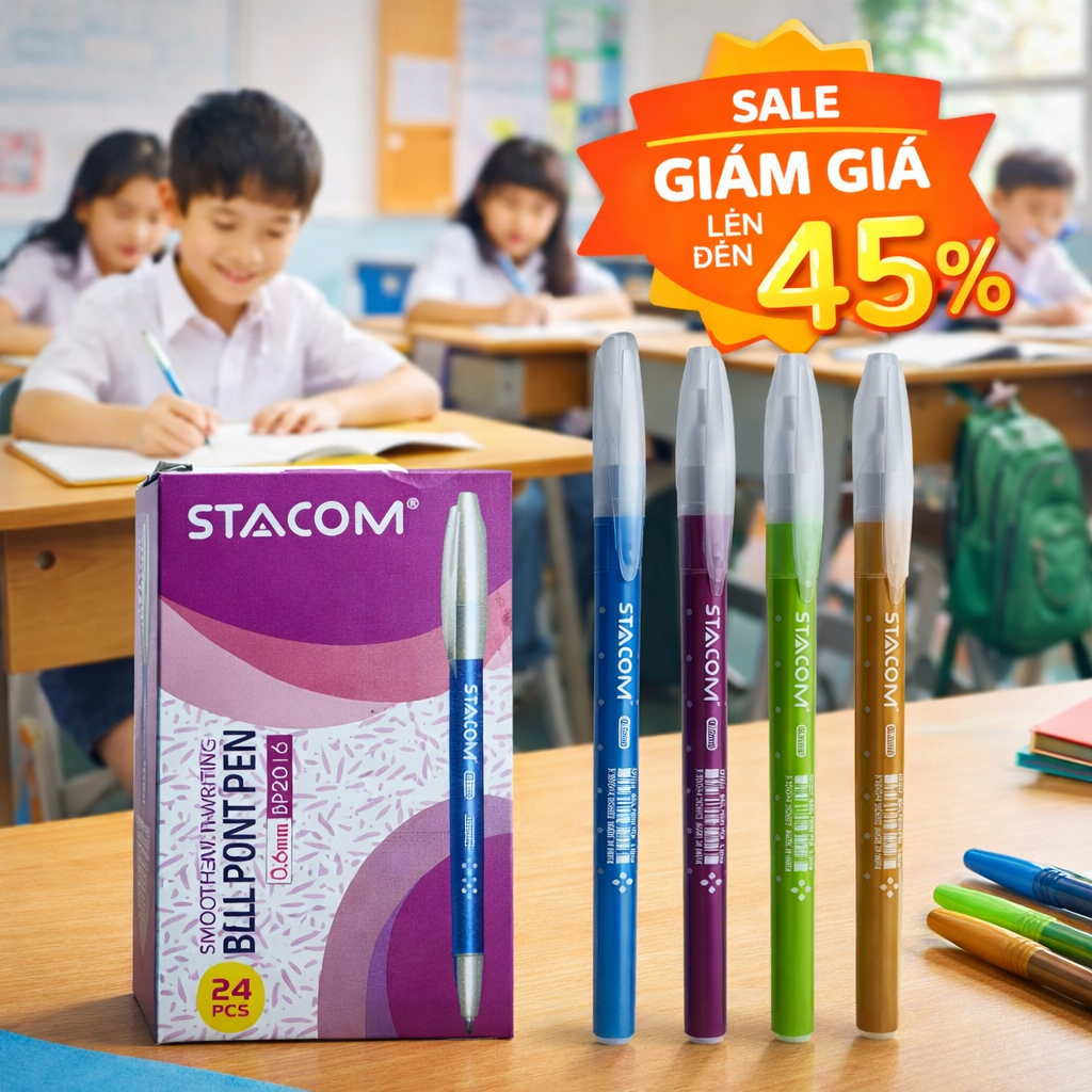 [ĐỒNG GIÁ 1K] Combo 5/10/20 Bút bi thân hoa nhiều màu có nắp đậy 0.6mm mực xanh, nhập Ấn Độ | Stacom