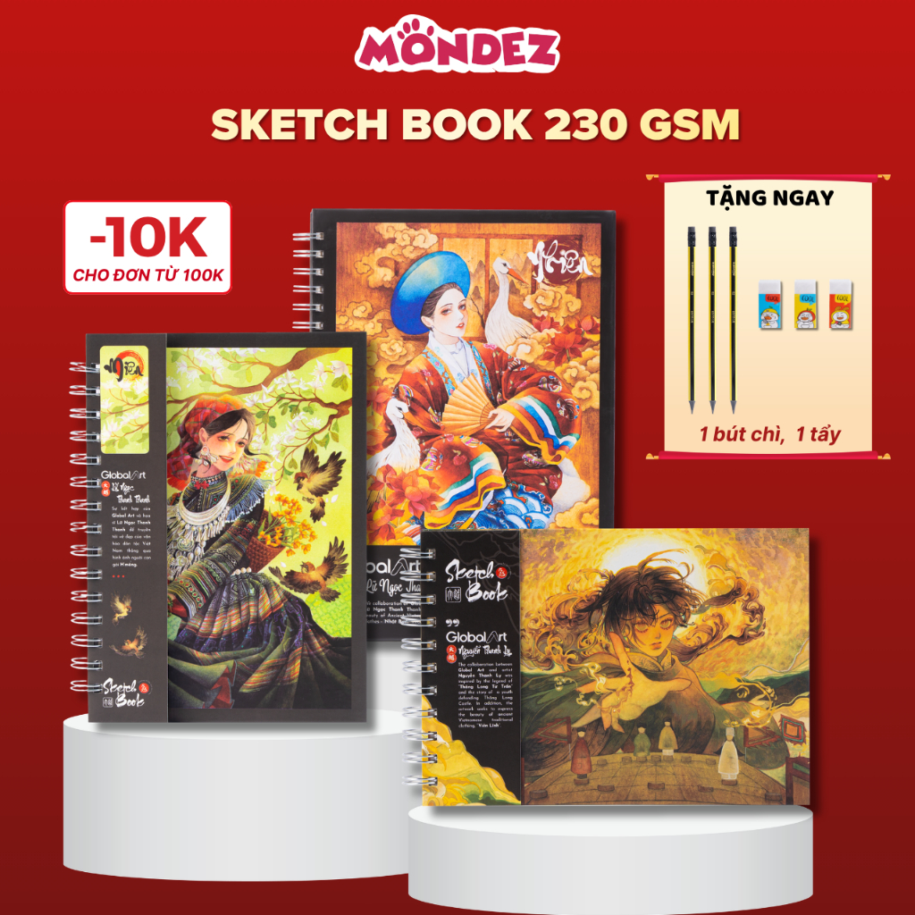 [Tặng 2 Quà] Sổ Vẽ Đa Chất Liệu GLOBAL ART 230GSM, Sổ Sketchbook Ăn Chì Không Kị Tẩy A4 A5, Sổ Phác Thảo 60 Trang