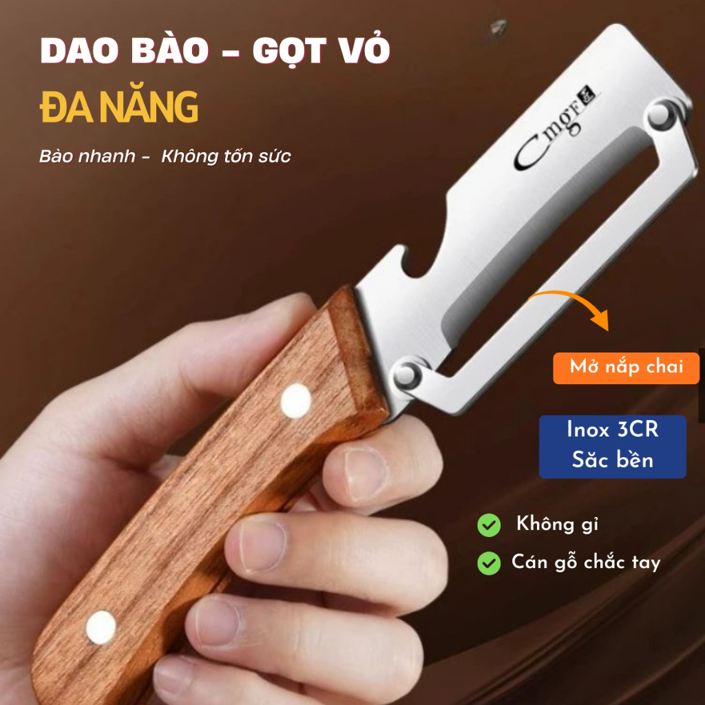 Dao Gọt Vỏ Rau Củ Đa Năng Inox 3CR Cán Gỗ – Dao Bào, Dao Nạo Củ Quả, Gọt Khoai Tây, Tích Hợp Mở Nắp 