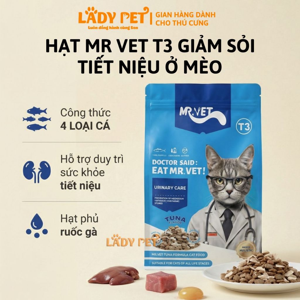 Hạt Dinh Dưỡng Cho Mèo MR VET T3 - Hạt Hỗ Trợ Tiết Niệu Cho Mèo MR.VET Túi 1KG